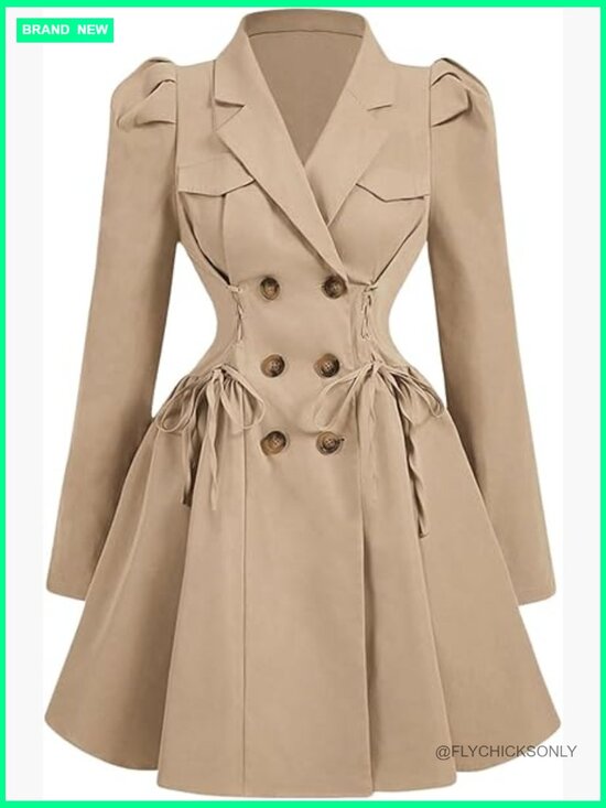 Jackets & Blazers - Double Breasted Trench Coat with Lapel and Puff Sleeves